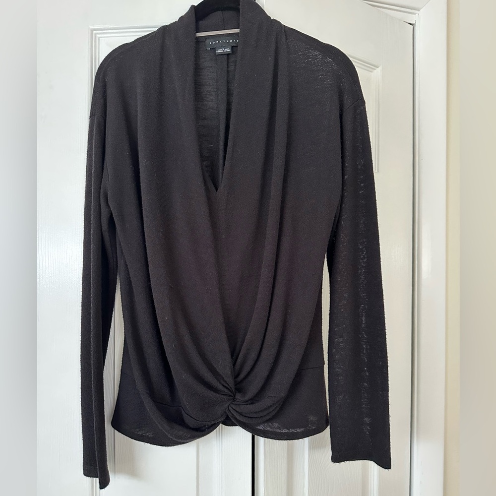 Sanctuary Black Draped Long Sleeve Top. 70% Rayon 30% recycled polyester.